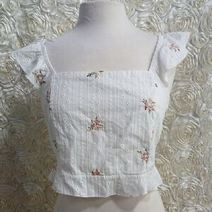 Kurious Boho Style Crop Top Eyelit Floral Rouged Sleeves Sz Xl